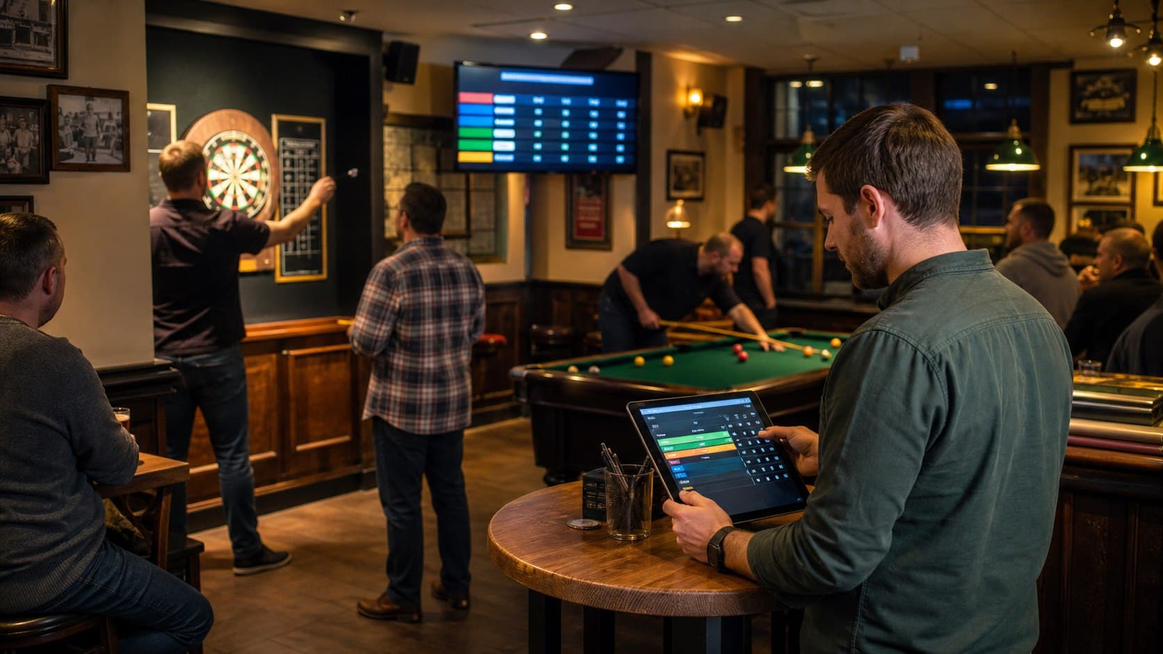 A host using a tablet while players compete at darts and pool in a pub