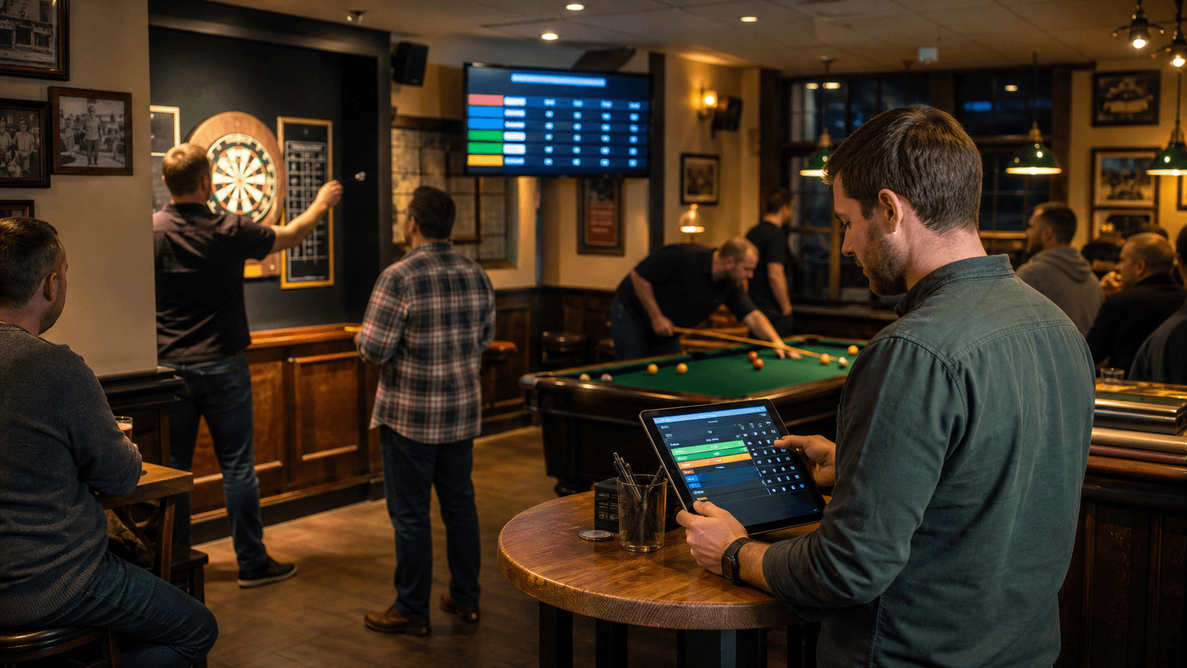 A host running a darts and pool games night from a tablet in a British pub